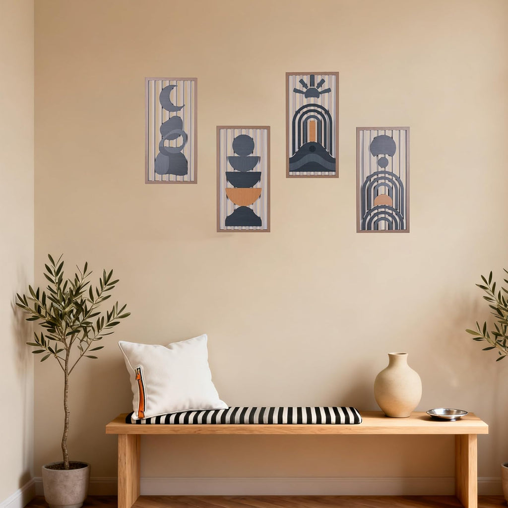 Blue Boho Wall Decor, Abstract Blue Wall Art & Wall Decor Blue, Mid-Century Modern Aesthetic Artwork - Set of 4