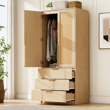 70" Wardrobe Armoire Wooden Closet with 2 Doors and 3 Drawers