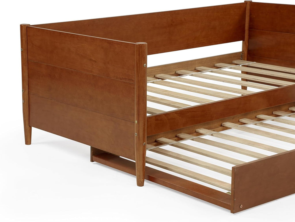 Mid-Century Modern Daybed & Trundle/Solid and Manufactured Wood/Panel Headboard/No Box Spring Needed/Foundation has