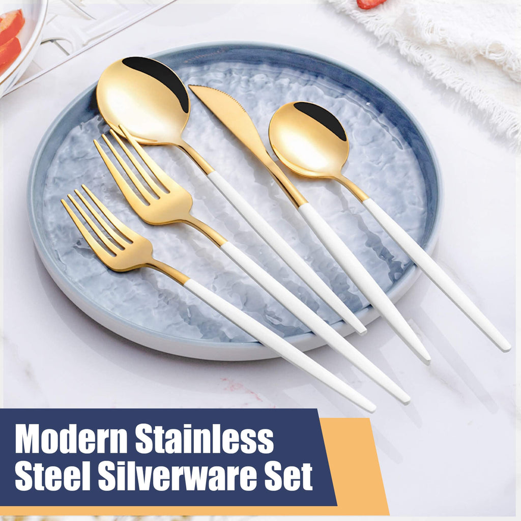 20 Piece White Gold Silverware Set, Stainless Steel Flatware Cutlery Set Service for 4 Including Forks Spoons