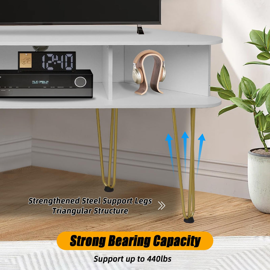 Corner TV Stand for 50 Inch TV, White and Gold Corner Entertainment Center