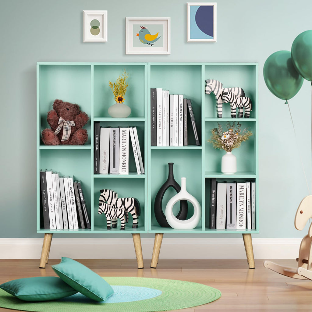 5 Cube Bookshelf, Mid-Century Modern Book Shelf with Legs, Green