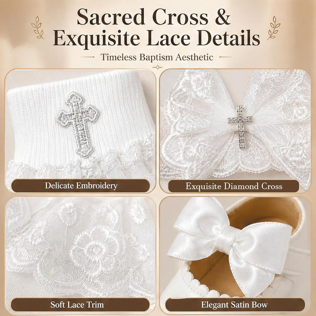 Baptism Baby Girl Outfits, White Christening Outfit Set Includes Bonnet,Headband, Shoes & Socks for Newborn Infant