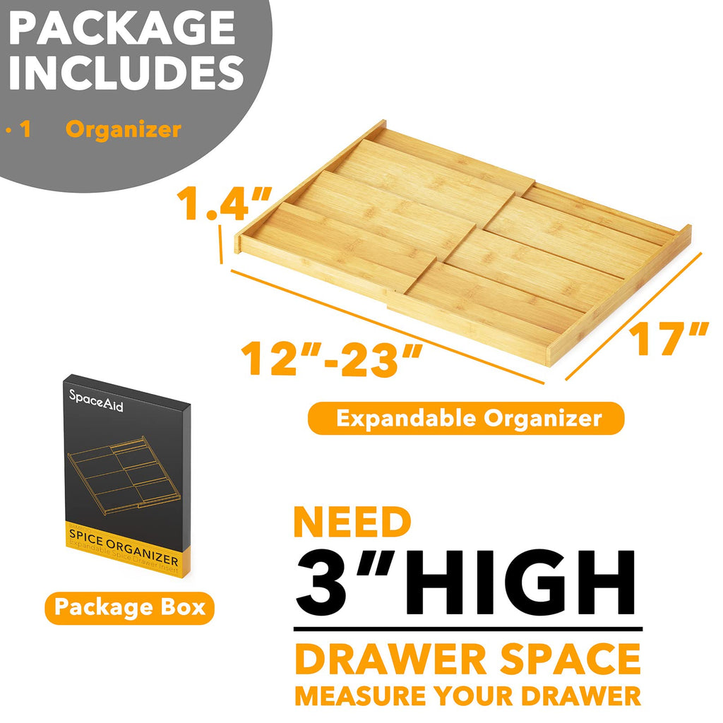 Bamboo Spice Drawer Organizer, (Need 3" Deep Drawer) Expandable 4 Tier Spices Rack for Cabinet, Kitchen Seasoning