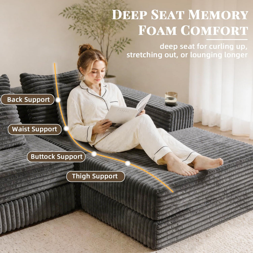 80" Cloud Modular Sectional Sofa, Boneless Corduroy Couch Sofa with Cup Holders & Side Pockets, L-Shaped Couch with