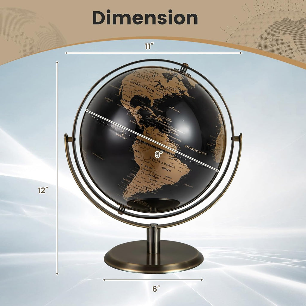 9-Inch Metallic Black World Globe, 720° Rotating Earth Globe w/Metal Stand for Modern Desktop Decoration