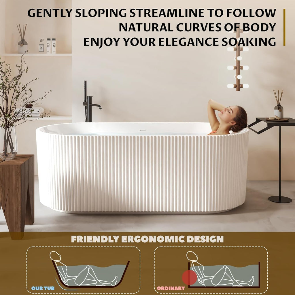 59" Acrylic Freestanding Bathtub, White Soaking Tub with Non-Slip Base, cUPC Certified Free Standing Tub, Chrome