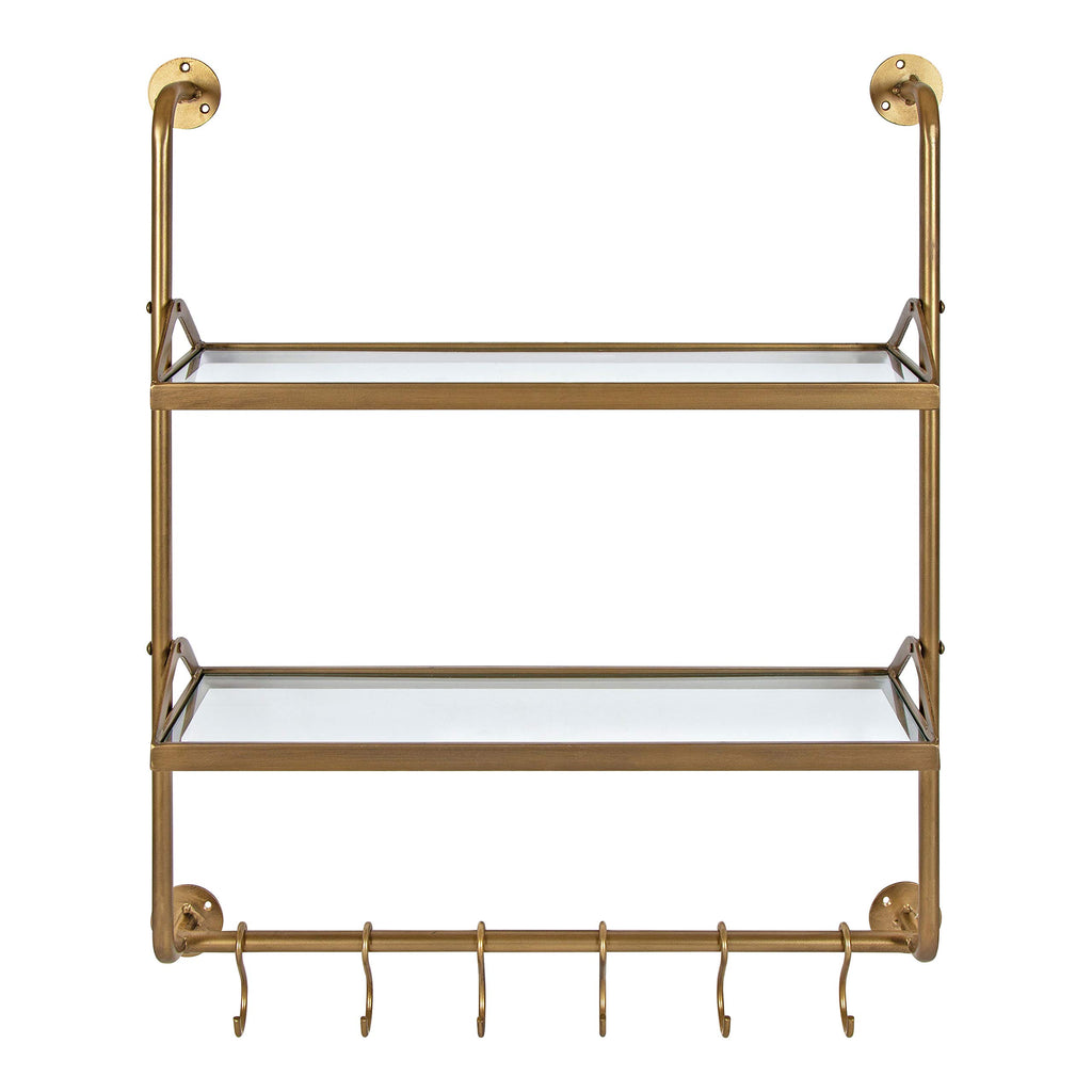 Marit Modern Industrial Wall Shelf with Metal Pipe Supports and Glass Shelves, Gold