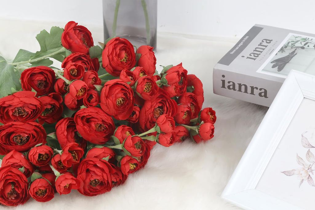 Silk Ranunculus Artificial Flowers 5PCS Long Stem Red Fake Peonies 21.65" Real Look Faux Ranunculus Flowers for