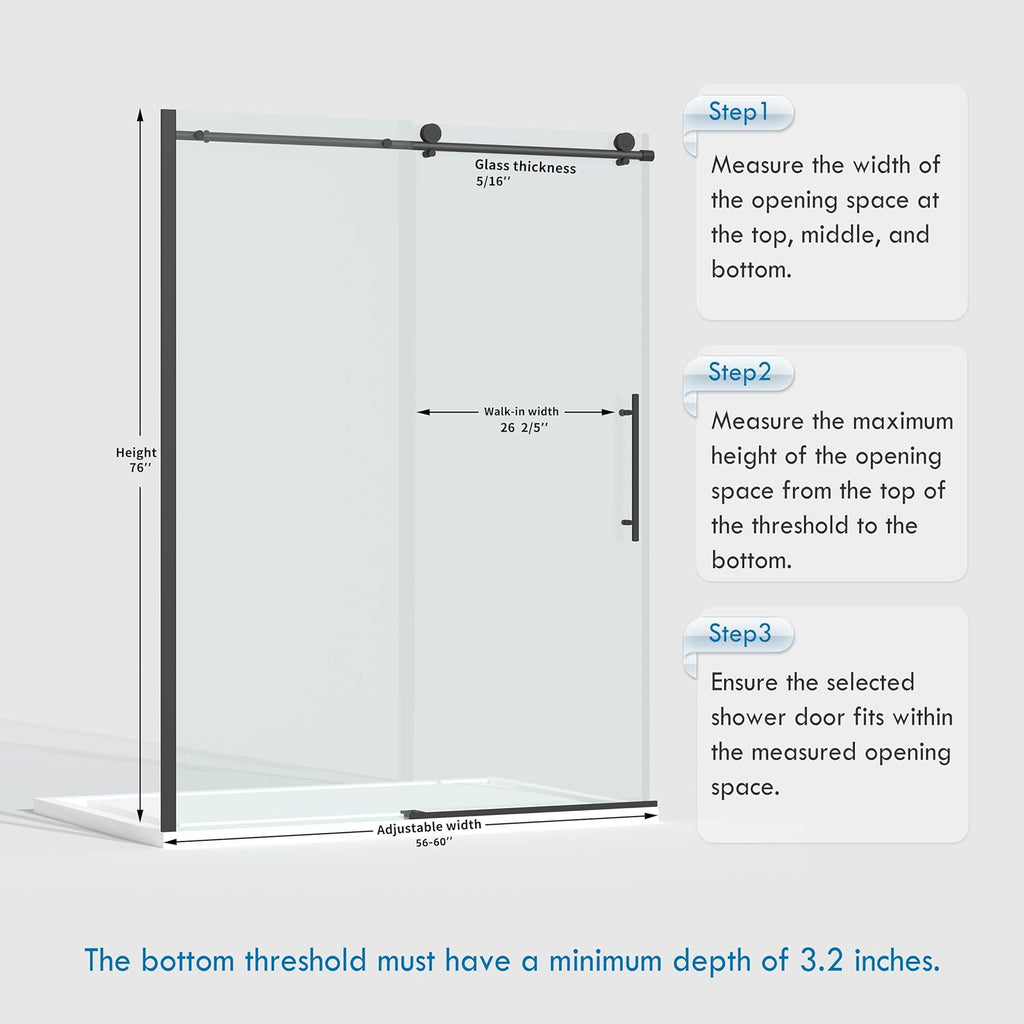 56-60” x 76” Frameless Shower Door, 5/16" (8mm) Clear SGCC Tempered Glass, Bathroom Glass Sliding Shower Doors