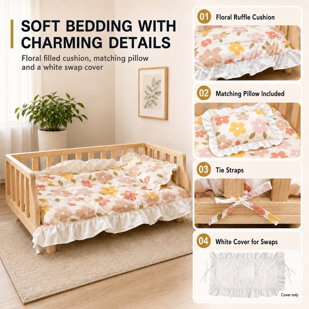 Elevated Wooden Bed for Small Dogs & Cats, 2 Mattress Covers, 30x20 inch