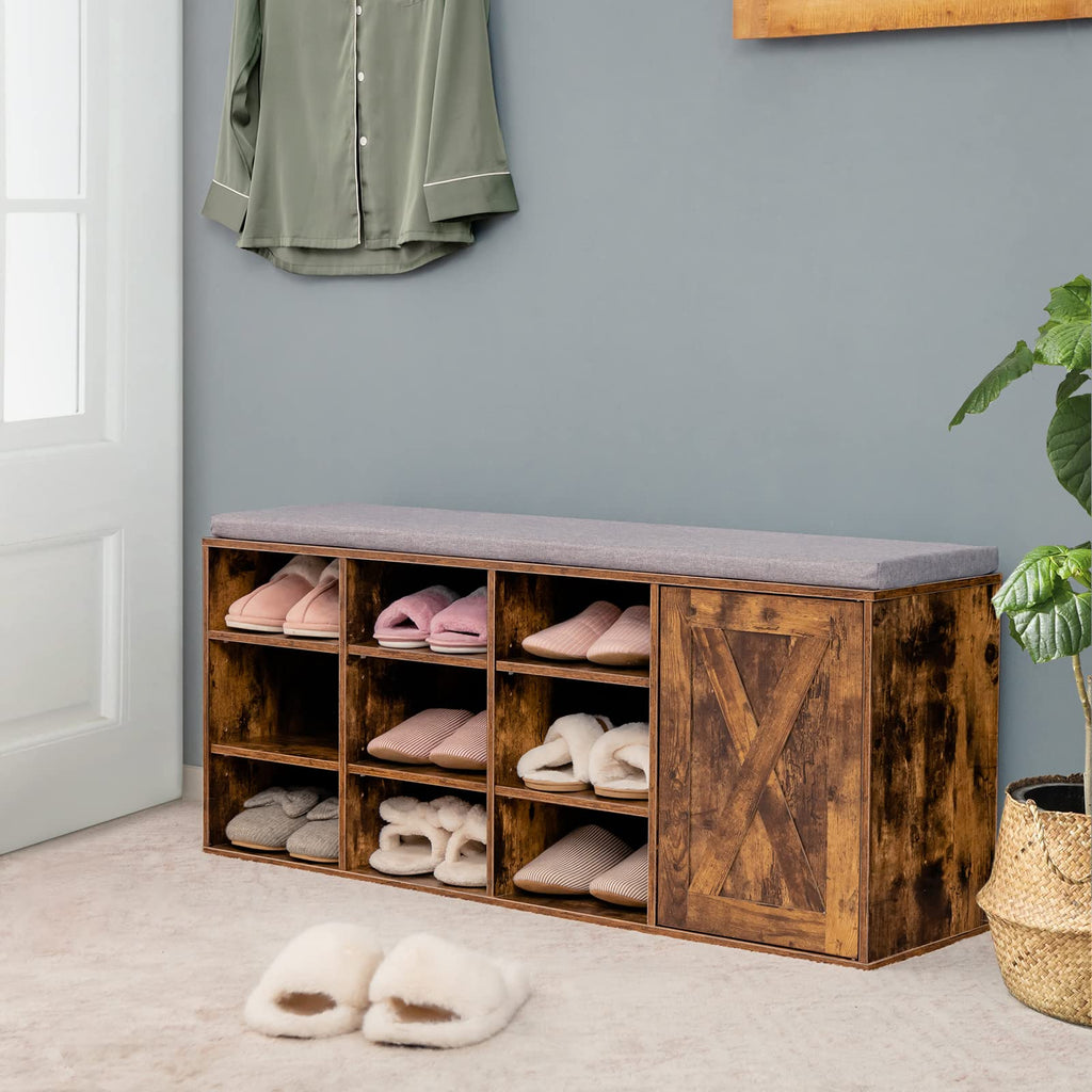 9 Cubes Shoe Bench with Storage, Adjustable Shelves Storage Bench Rack with Removable Padded Cushion, 3 Tier Shoe