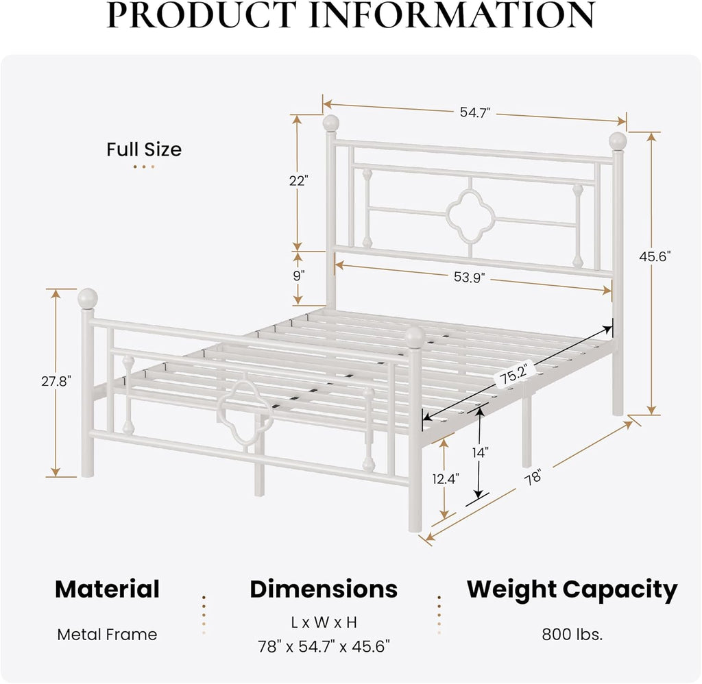 14 Inches Full Metal Platform Bed Frame/Vintage Iron-Art Headboard and Footboard/Mattress Foundation for Storage/No