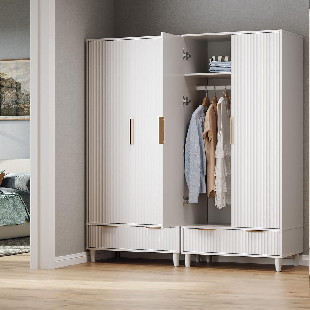 Fluted Wardrobe Closet Armoire with Doors And Drawers, White Wardrobe Cabinet with Hanging Rack, Bedroom Closet Wood