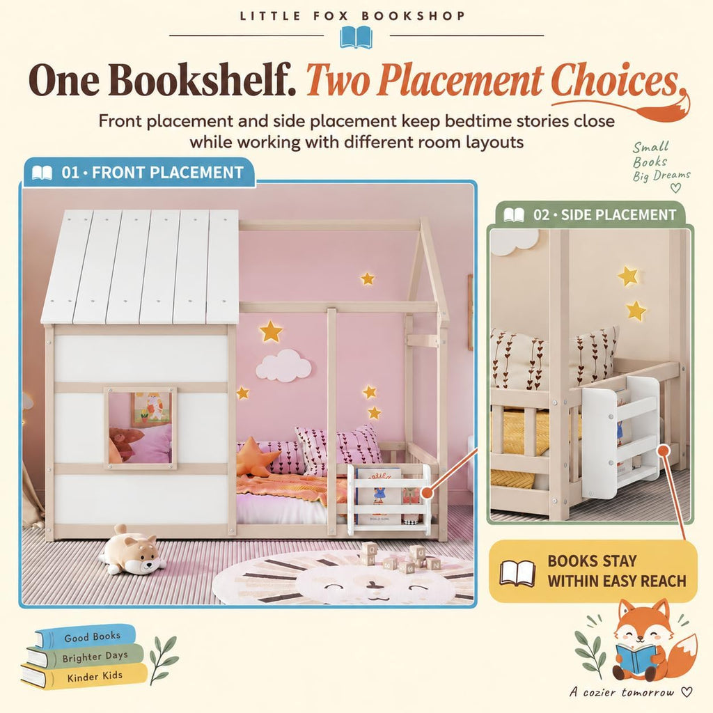 House Floor Bed with Bookshelf and 7-Color LED Lights, Cream+White