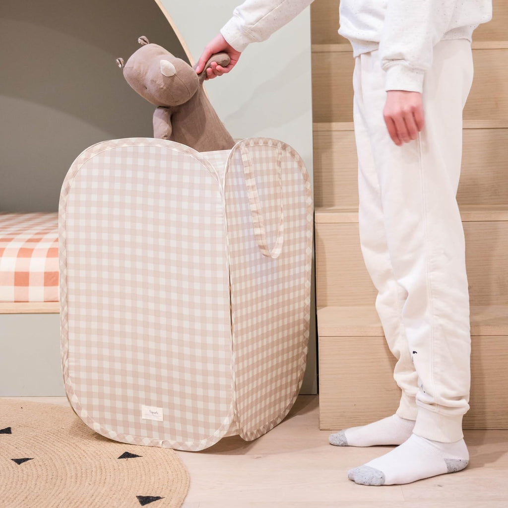 Pop Up Hamper, Collapsible Laundry Basket, Gingham Beige