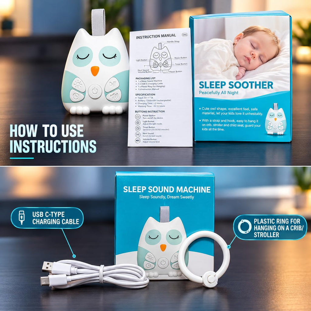 Portable Baby White Noise Sound Machine for Sleeping, Cry Activated Sensor, 20 Sounds for Kids, Night Light, Timer, for