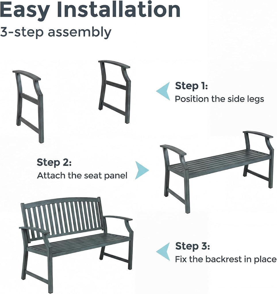 52" Farmhouse Outdoor Bench, Garden Benches with Anti-Rust Aluminum Metal Frame, Faux Wood Grain Finish Frame Patio