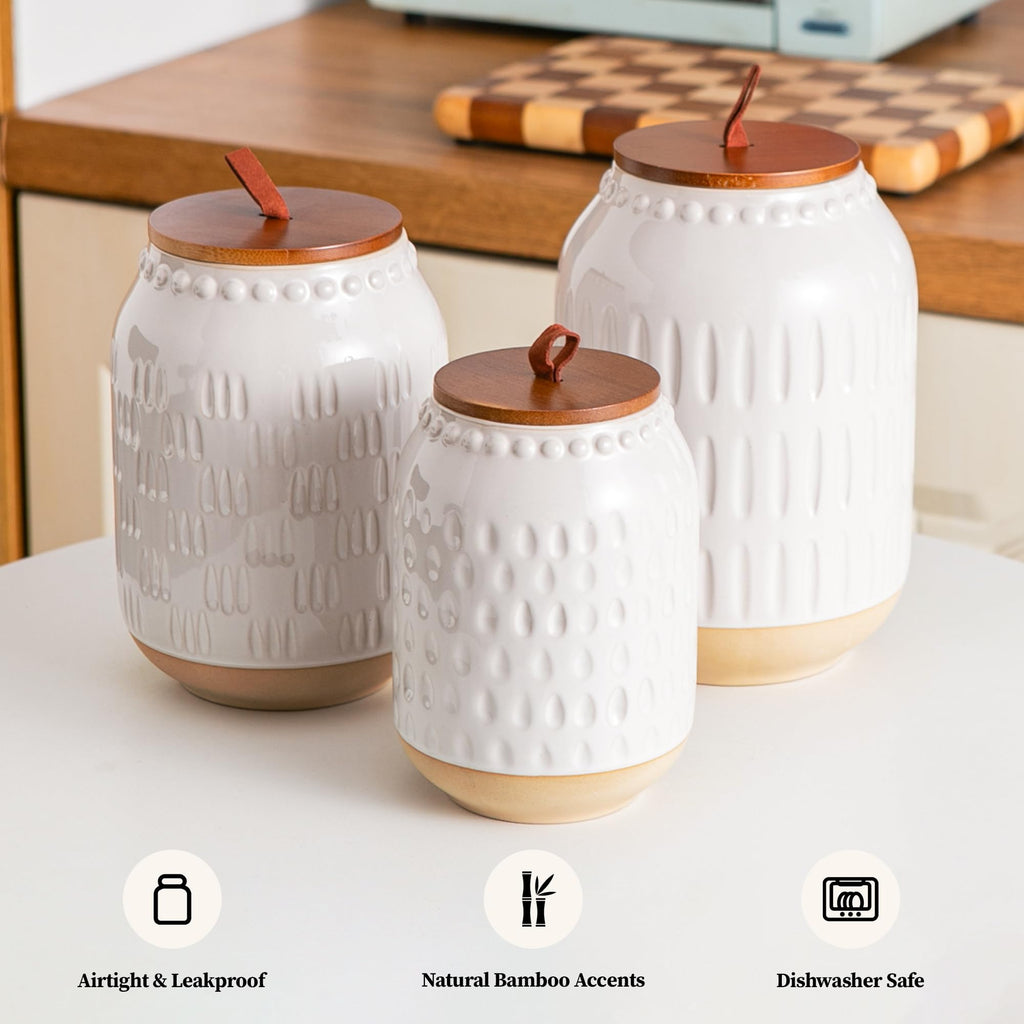 Ceramic Canister Set, 3-Piece White Jars with Bamboo Lids