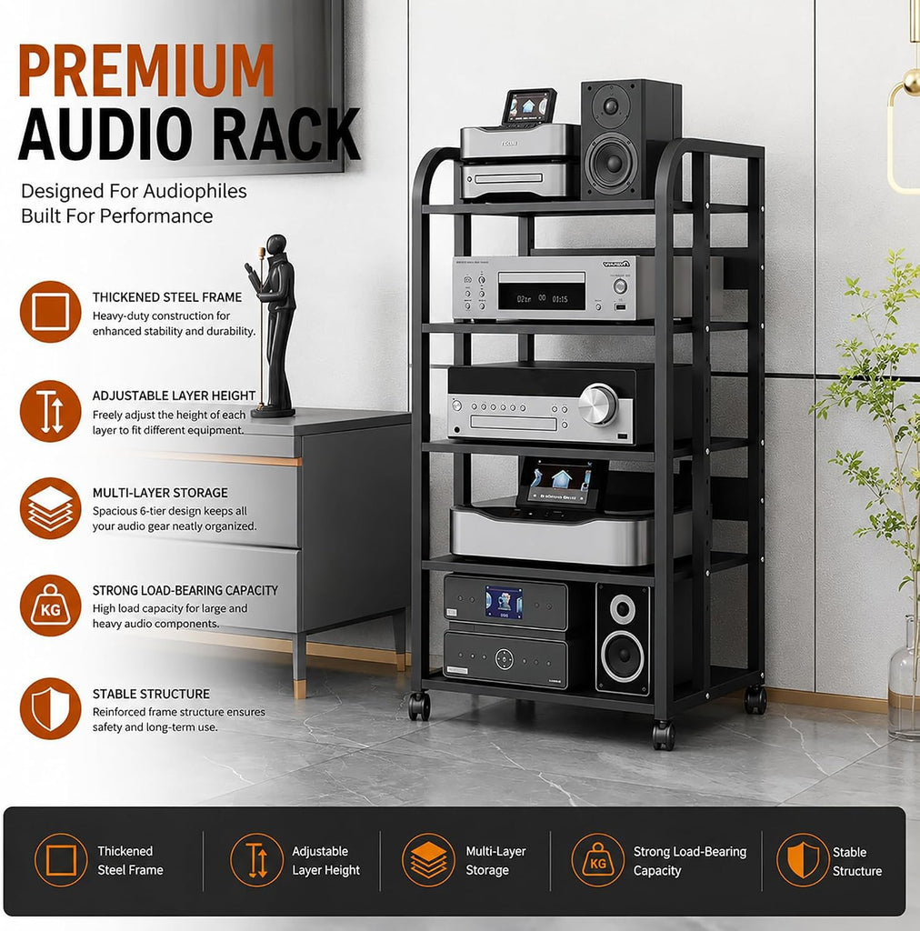 5 Tier Av Media Stand with Wheels, 39in Adjustable Audio Rack