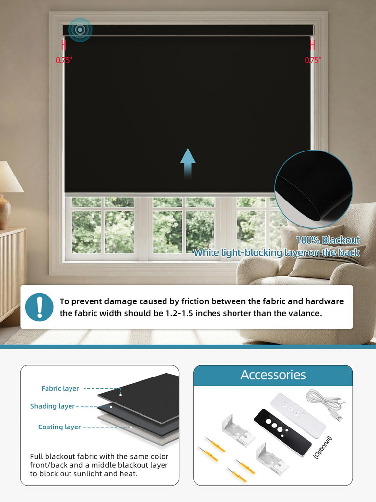 Motorized Smart Roller Shades, 100% Blackout Vinyl Black