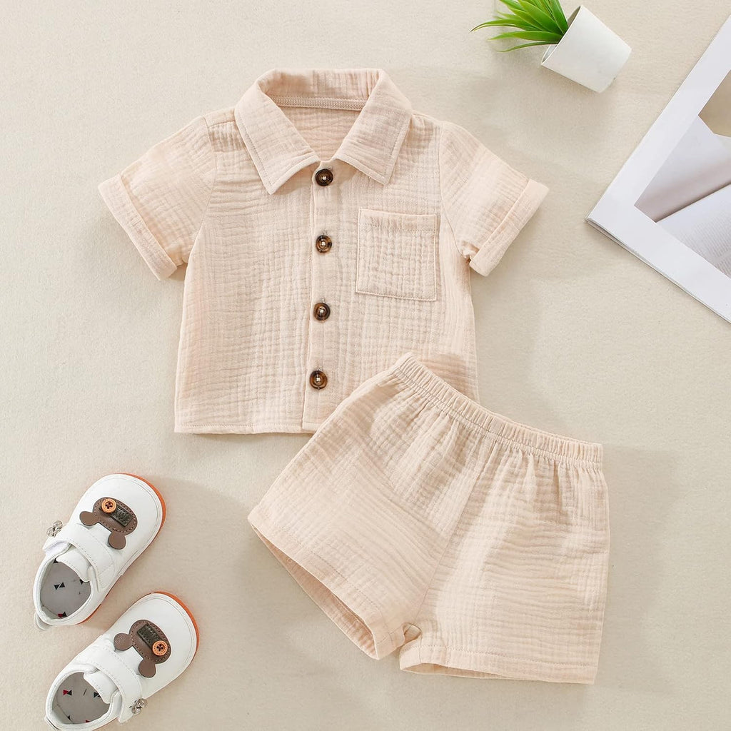 Baby Boys Clothes Set Toddler Infant Boys Button-down Shirt Tops + Cotton Gauze Shorts Summer Outfit 2PCS with Pockets