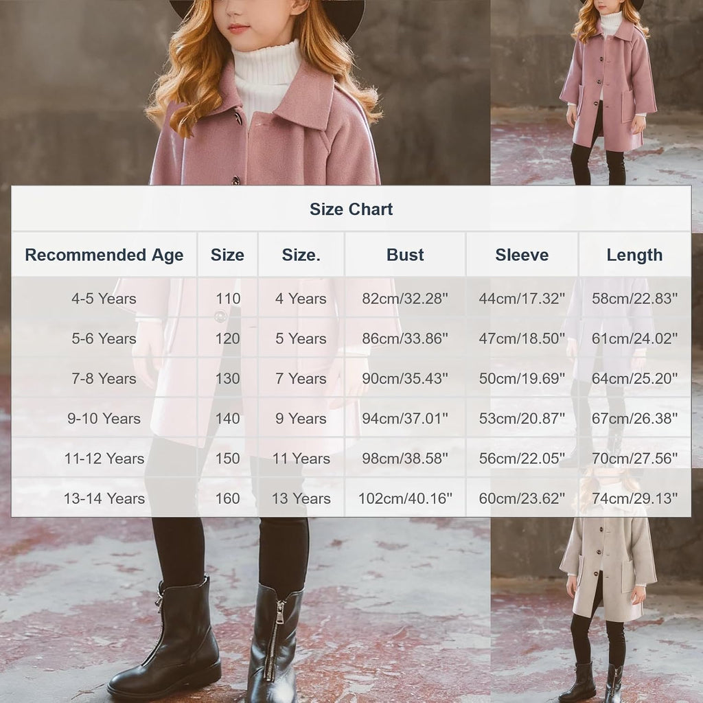Girls Wool Trench Coat Single Breasted Dressy Windbreaker Jacket