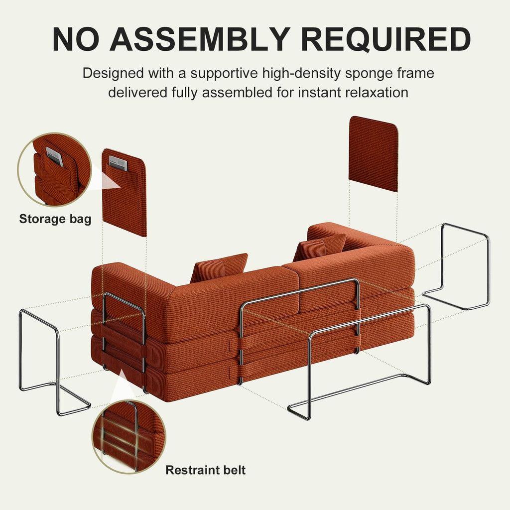 79.5" Convertible Futon Sofa Bed, Boneless Couch | Corduroy Boneless Loveseat Sleeper Sofa, Modular Futon Couch with