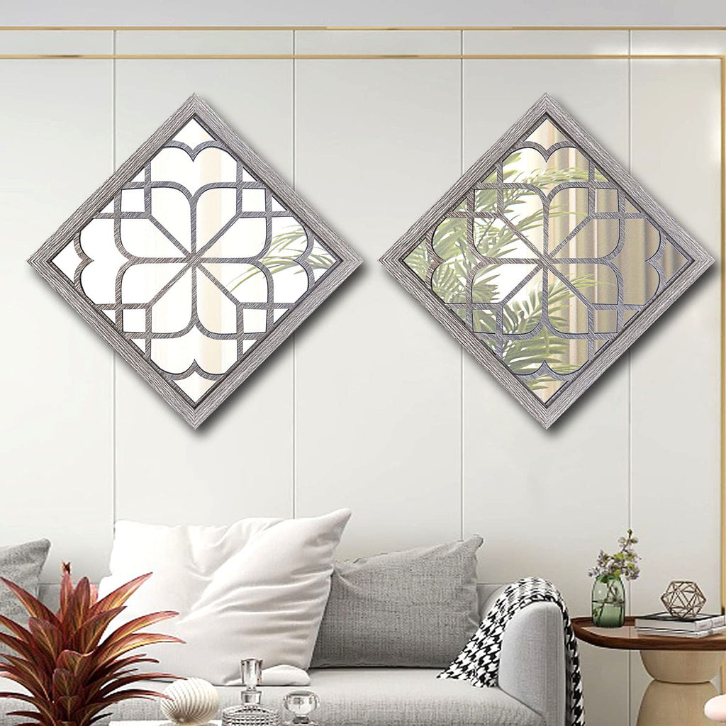 2 PCS Square Wall Mirror, Gorgeous Rustic Farmhouse Accent Mirror, Barn Wood Color Entry Mirror