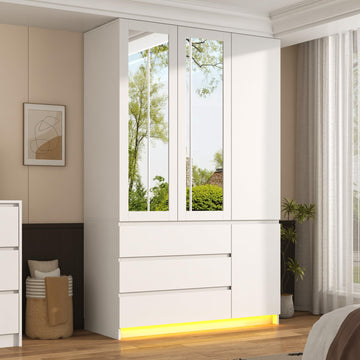 75" Tall Modern Wardrobe Closet with 2 Mirrors, LED Lights, 47"W Armoire Wardrobe Cabinet with 3 Drawers, Hanging