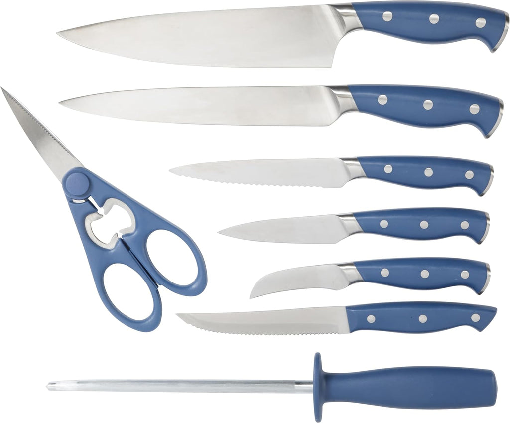 Greeley Forged High Carbon Stainless Steel 14 Piece Knife Block Set, Navy Blue Kitchen Knife Set with Acacia Wood
