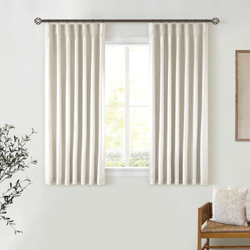 Natural 100% Blackout Pinch Pleated Linen Curtains (Set of 2 Panels) 63 Inch Long with Liner