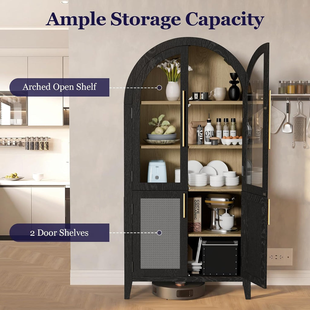 63" Tall Arched Cabinet with Glass Doors, Kitchen Pantry Storage Cabinet with Dust-Proof Rattan, 5-Tier Curio China
