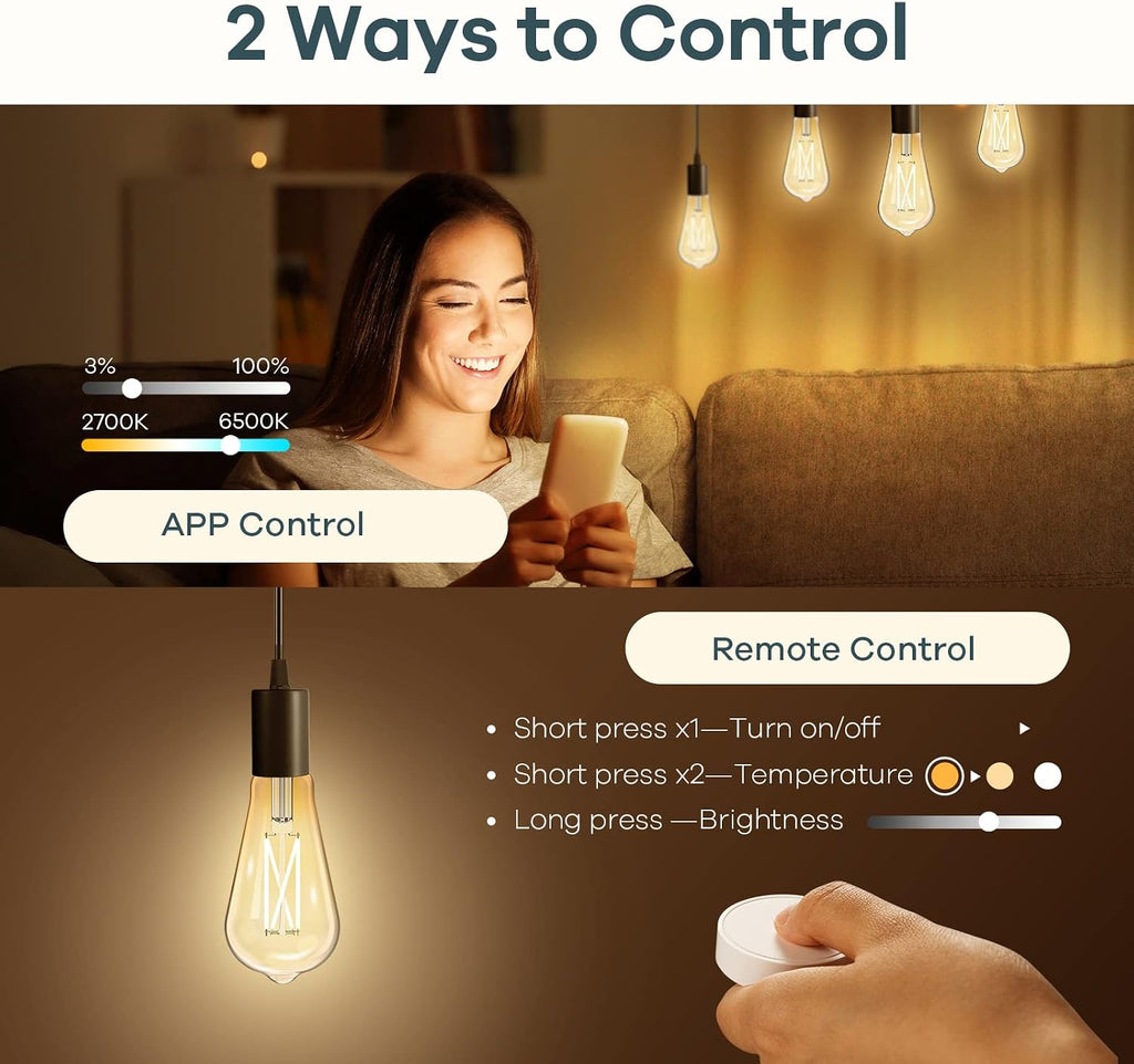 Smart Edison Bulbs, 2700K-6500K Tunable WiFi Edison Bulbs+Matter Smart Bulbs