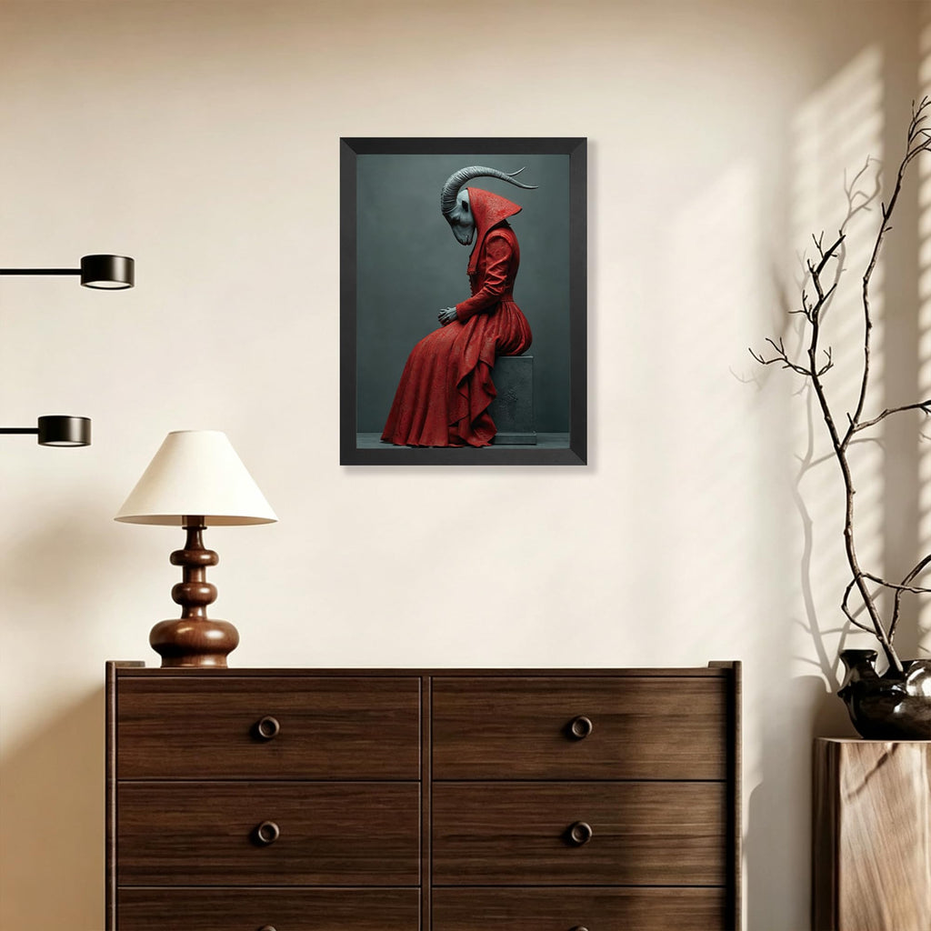 Mystical Goat-Headed Figure in Red Robe Wall Art, Surreal Fantasy Sculpture Print, Dark Gothic Decor for Study or