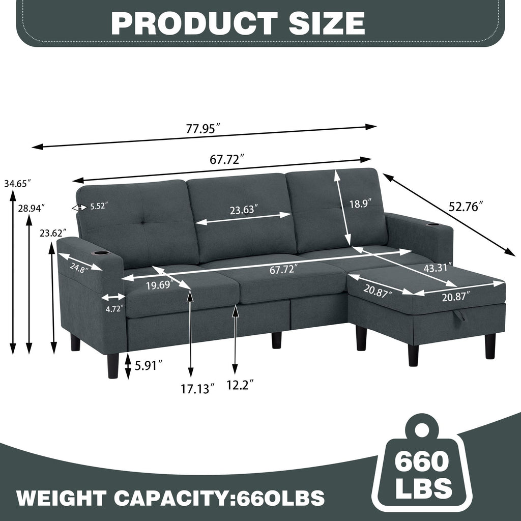 79" Convertible Sectional Sofa, L Shaped 3 Seat Couch with Storage Chaise