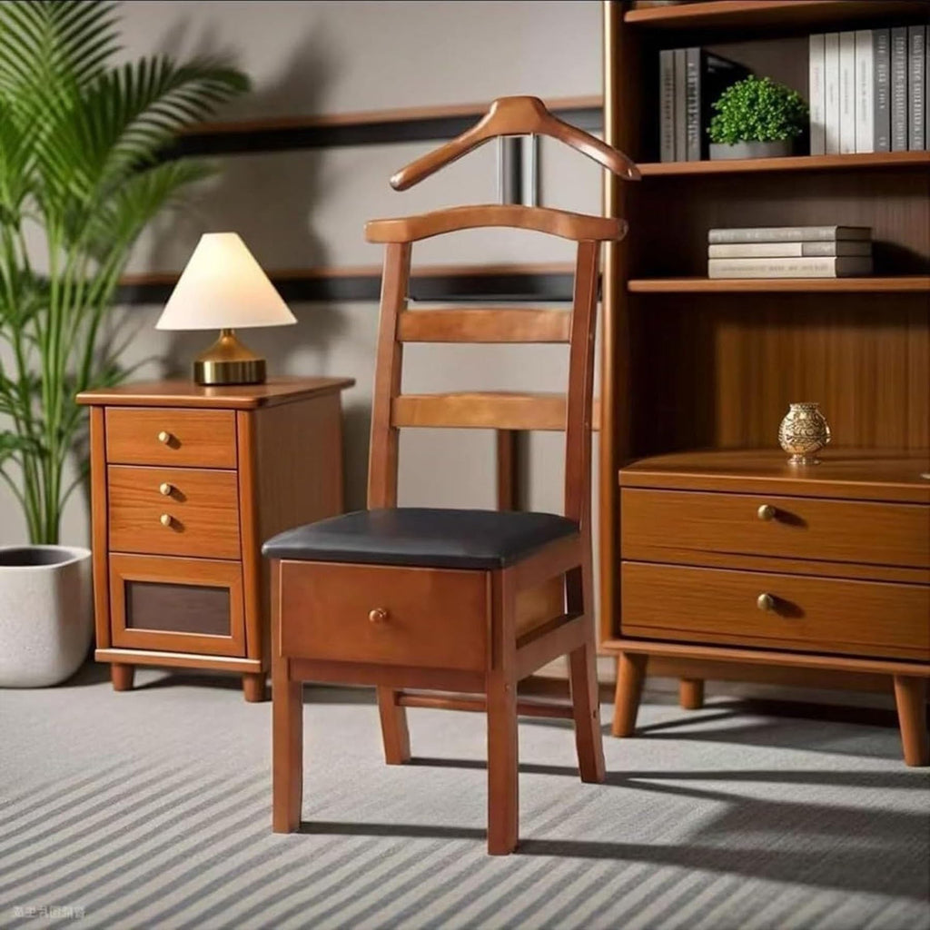 Brown Valet Stand with Drawer & Office Chair Hanger, Men's Organizer for Clothes, Watches, Keys & Accessories