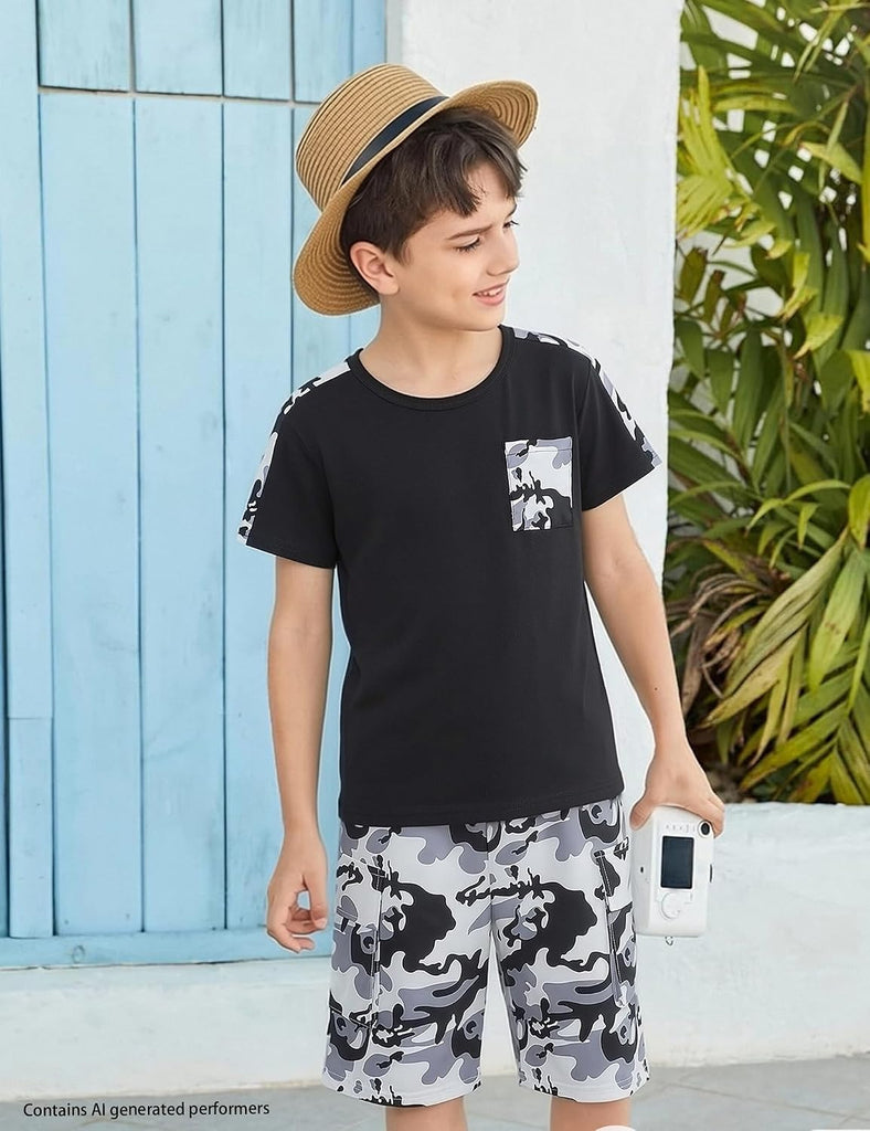 Boys Summer Outfit Set 2 Piece T Shirt and Camo Shorts Casual Clothes for Little Big Boys
