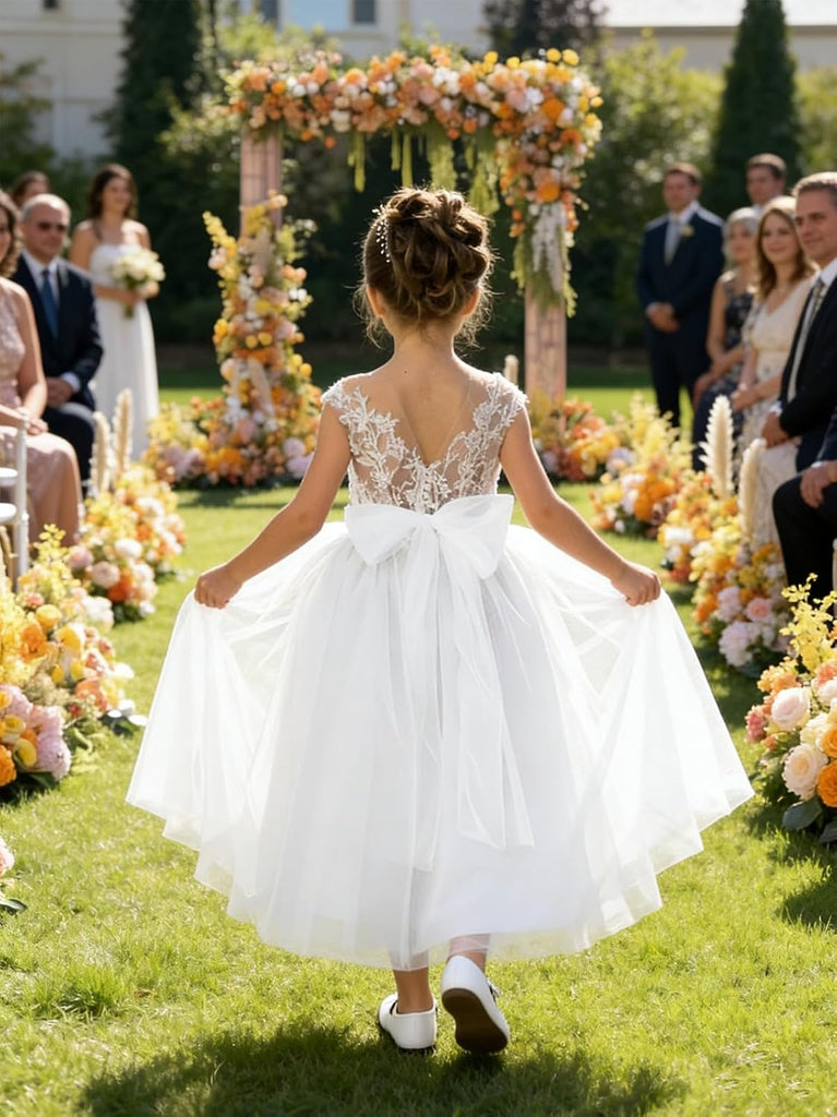 Lace Applique Tulle Flower Girl Dress for Wedding Sleeveless Long Satin Bow Knot V-Back Elegant Formal Dresses