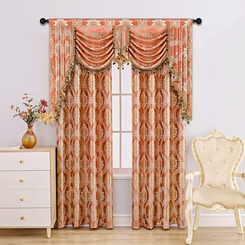 Golden Damask Jacquard Swag Waterfall Valance Luxury Curtain Valance Rod Pocket Valance (Damask-Coffee, W49 Inch, 1