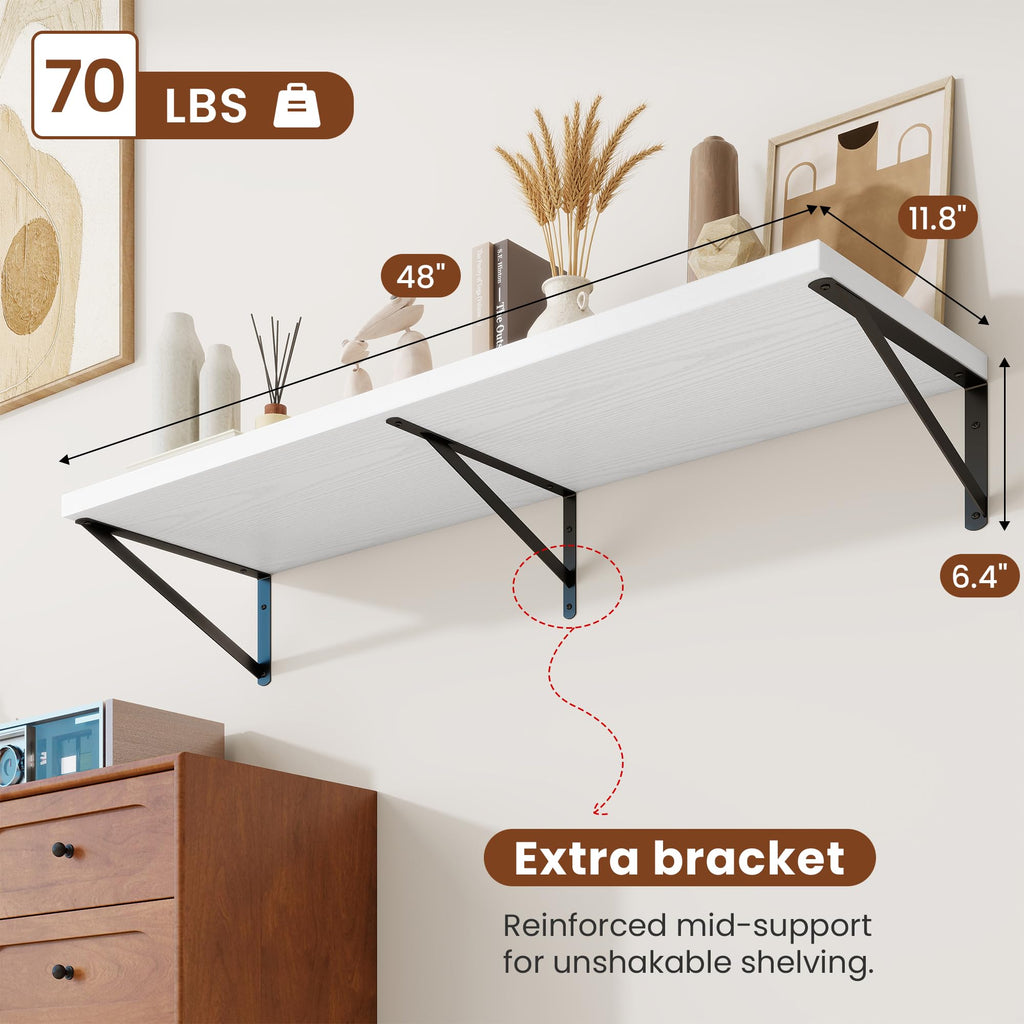 12" Deep Wall Shelves with Metal Brackets, 48" Wide, White Finish, 2pcs