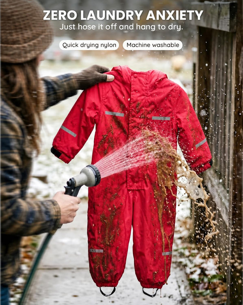 Kids Fleece Lined Rain Suit - One Piece Muddy Buddy for Toddler Boys Girls, Full Body Raincoat for Autumn