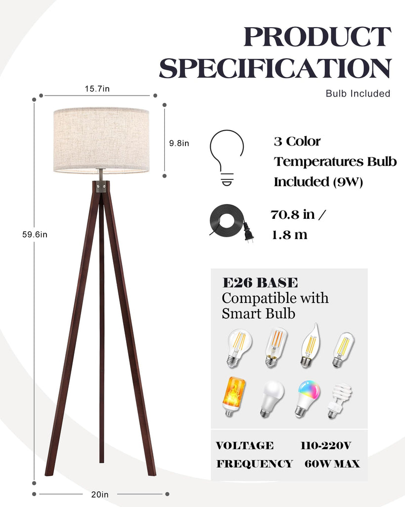 Wood Tripod Floor Lamp with 3 Color Temperatures Bulb, Mid Century Modern Reading Standing Light, Farmhouse Floor