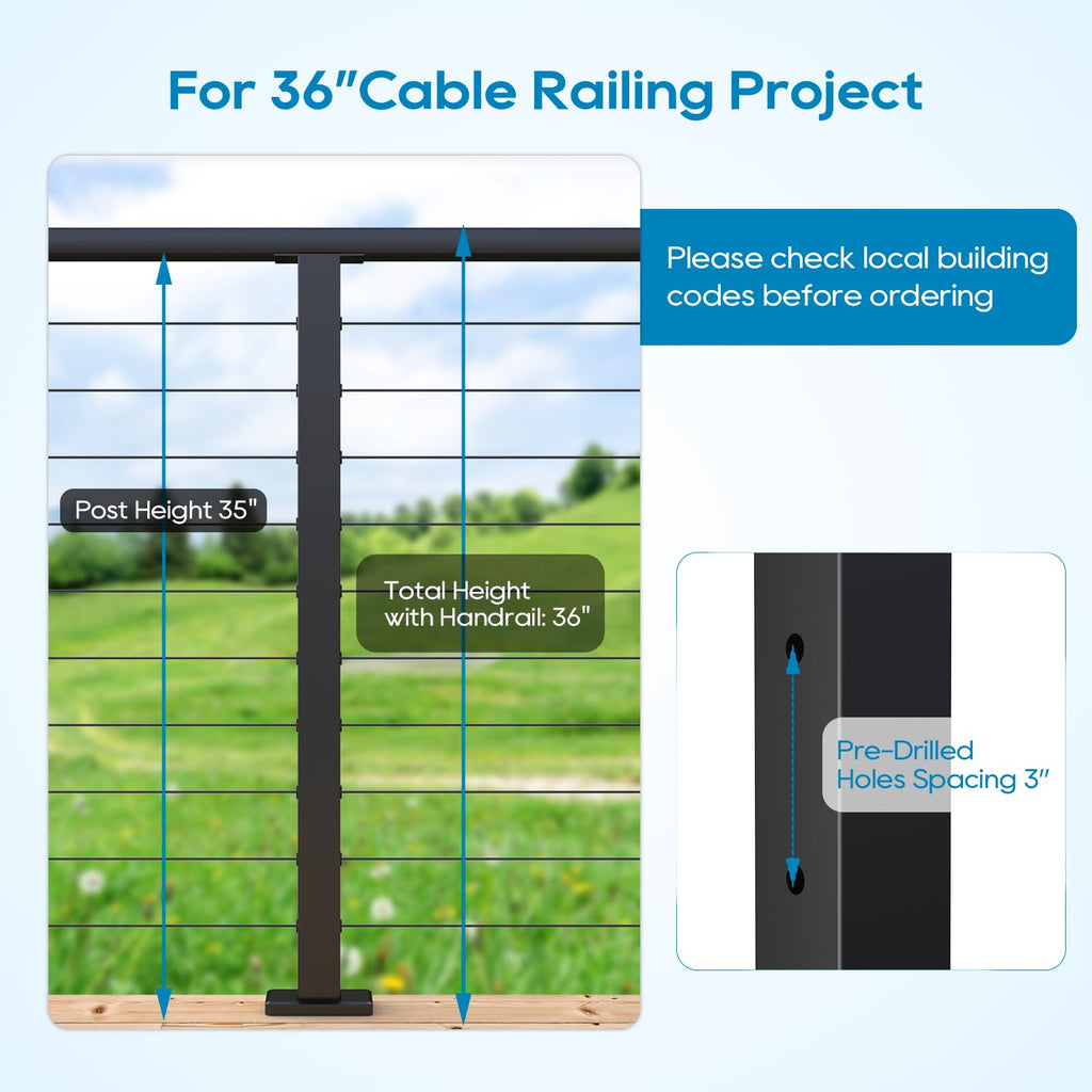 Level Drilled Cable Railing Post 36" (35"X2"x2"), Flat Bracket Stainless Steel Deck Railing Post, Black Level Holes