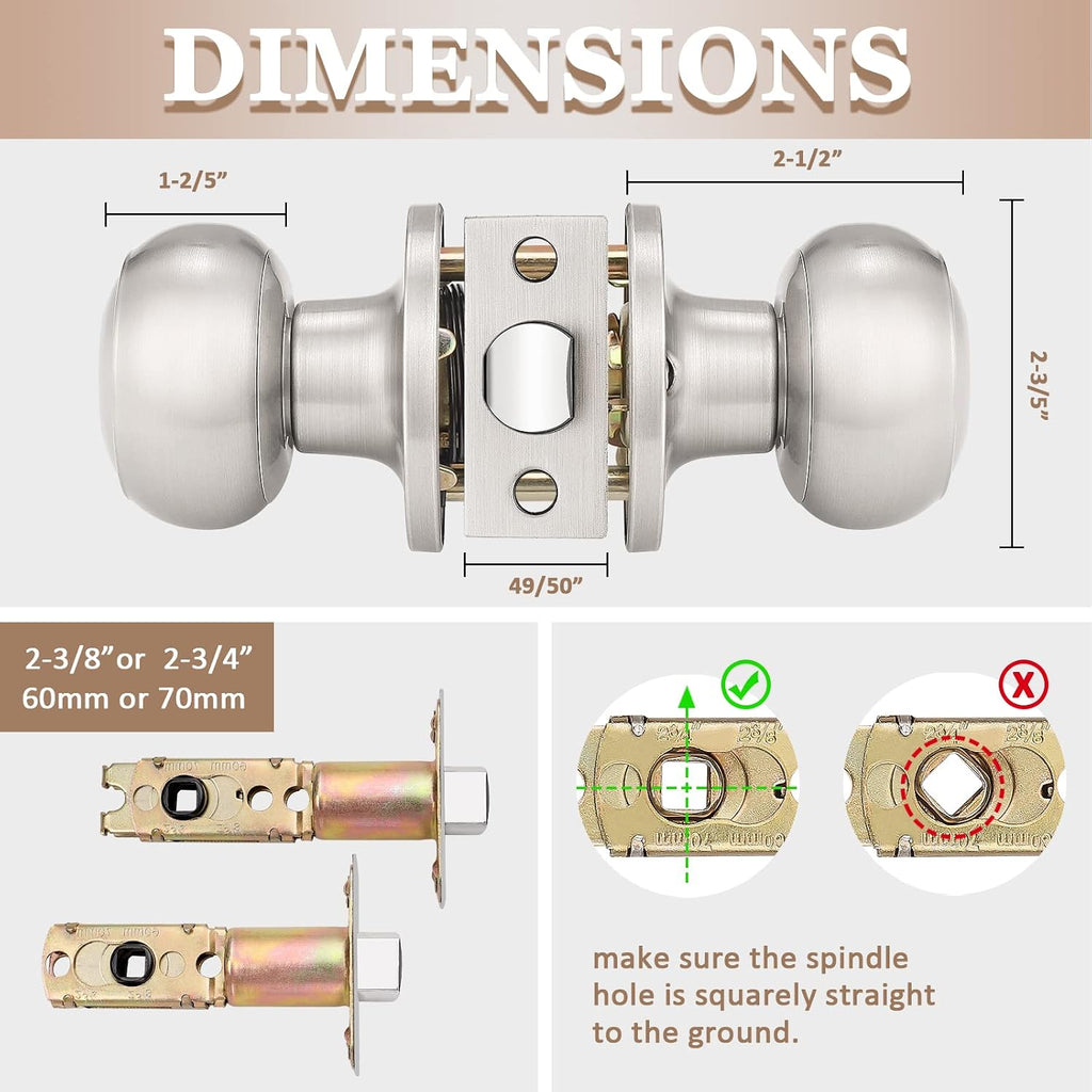 2 Pack Interior Door Knobs - Brushed Nickel Passage Handles, Keyless Closet Door Knobs, Silver Stainless Steel Finish
