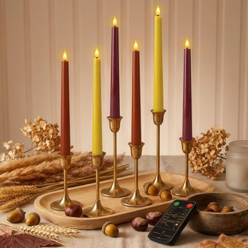 Real Wax Flameless Taper Candles, 9.6 Inch Warm Fall Colors Battery Operated LED Candlesticks 6 Pcs with Remote Timer