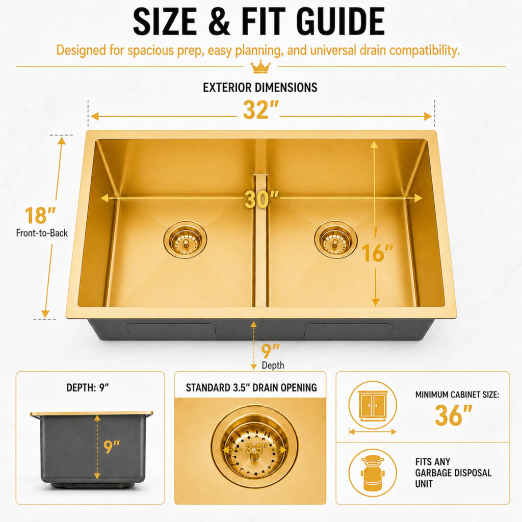 Gold Undermount Kitchen Sink, 32 inch Double Bowl Kitchen Sinks