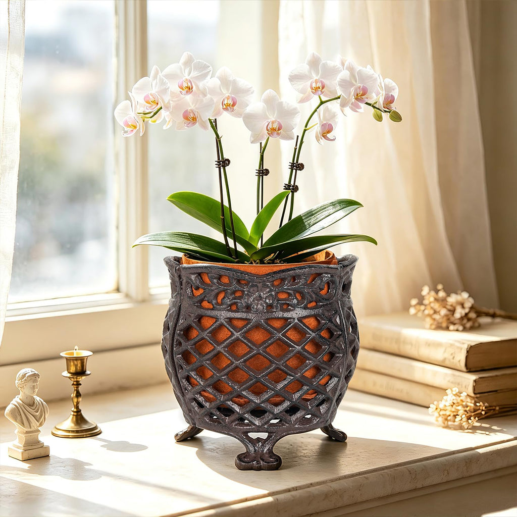 Vintage Cast Iron Urn Planter with Non-Woven Bag, Dark Brown