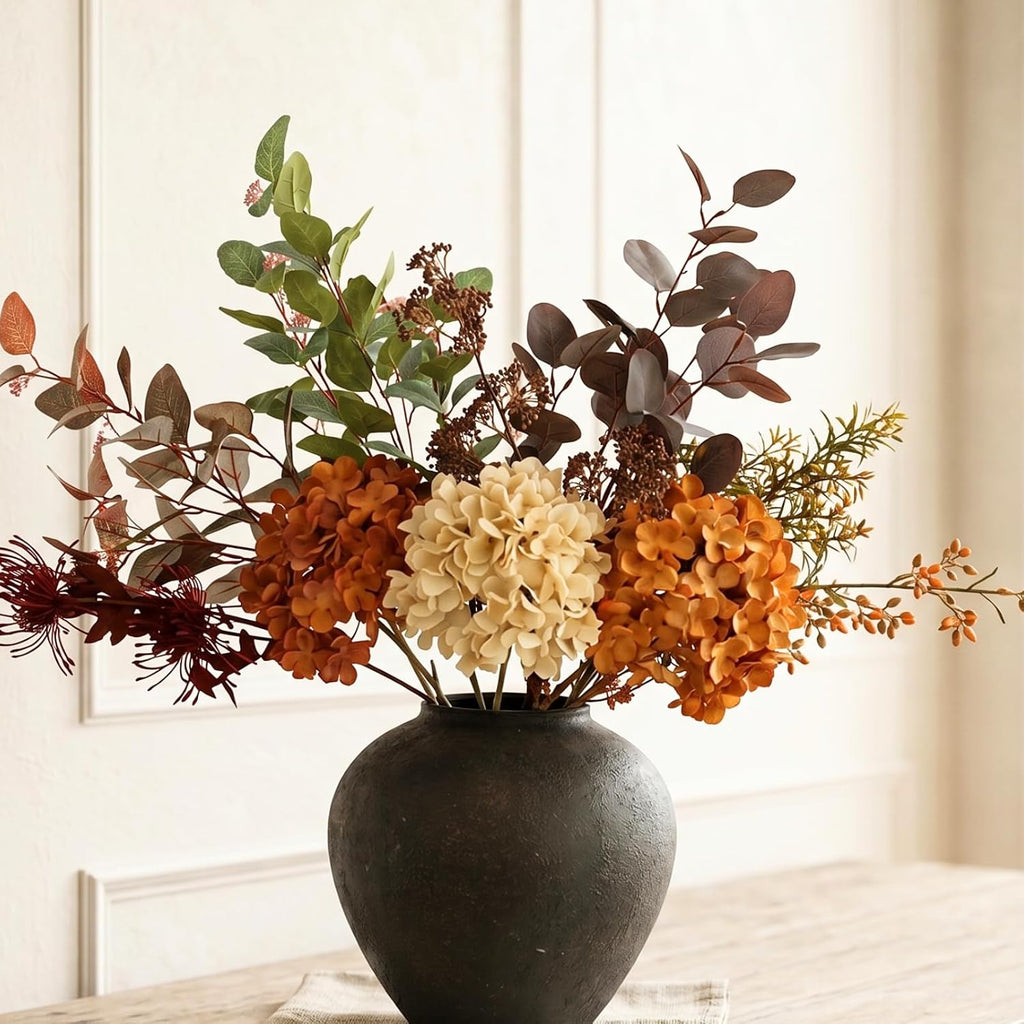 Faux Arrangement - Burnt Orange Hydrangea & Eucalyptus Stems, Fall Centerpieces for Tables, Large Floral Arrangement