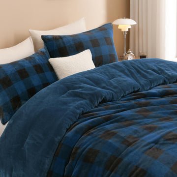 Velvet Flannel Plaid Comforter Set, 3 Pcs Blue Blanket